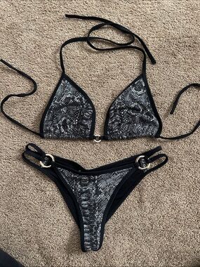 Black & Silver Snake-Print Triangle Bikini Set